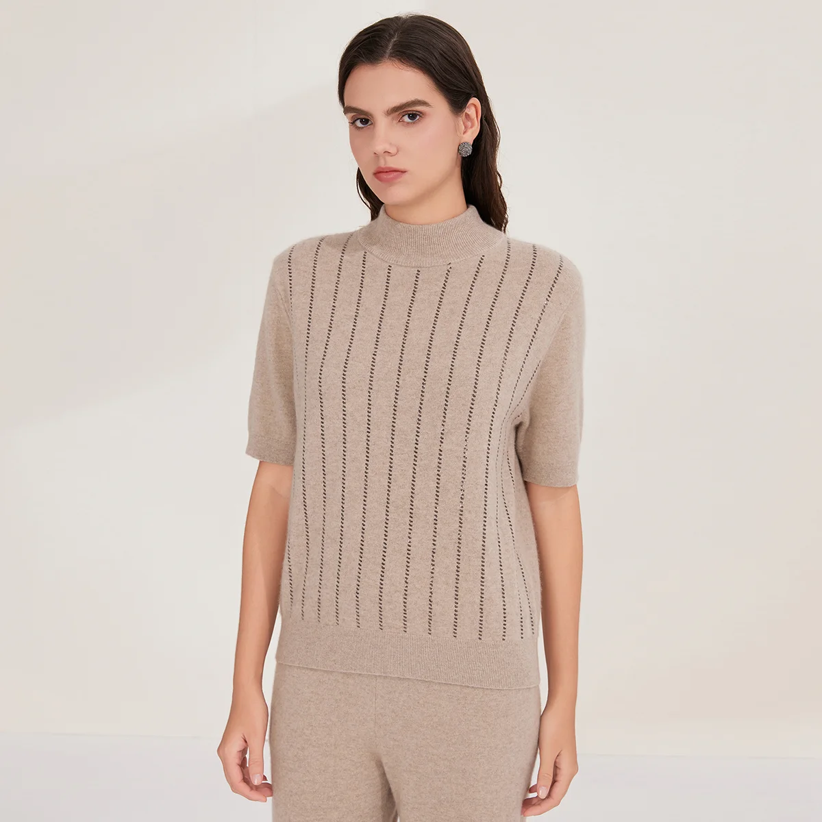 BD4521223 100% Cashmere Knit Women's Mock Neck Sweater Sparkle Sequin Stripe Short Sleeve Pullover Top Quiet Luxury Early Autumn