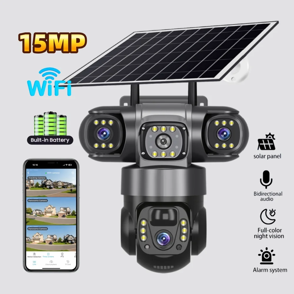 

Triple Lens Solar Camera 15MP Outdoor WIFI Camera 10X Zoom HD PIR Motion Detection Security Protection Monitor CCTV IP66 PTZ Cam