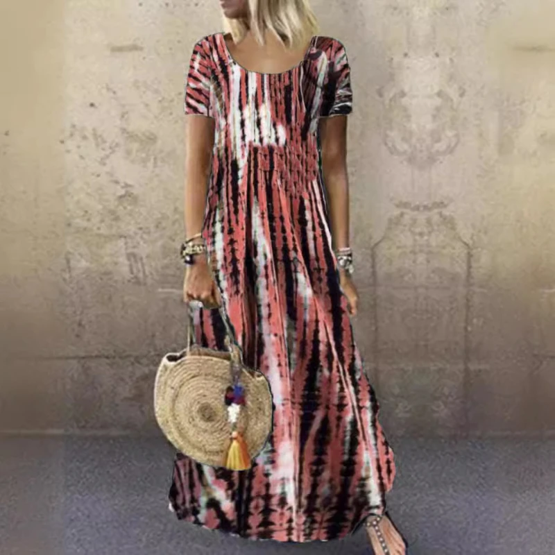 

Summer Women's New Dress Round Neck Short Sleeve Fashion Tie Dye Prominent Print Long Dress Colorful Tiered Irregular Color