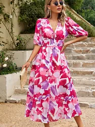 Spring Summer Tight Waist V-neck Mid-Calf Printed Dress Women Lantern Sleeve Chiffon Vacation Leisure Dress