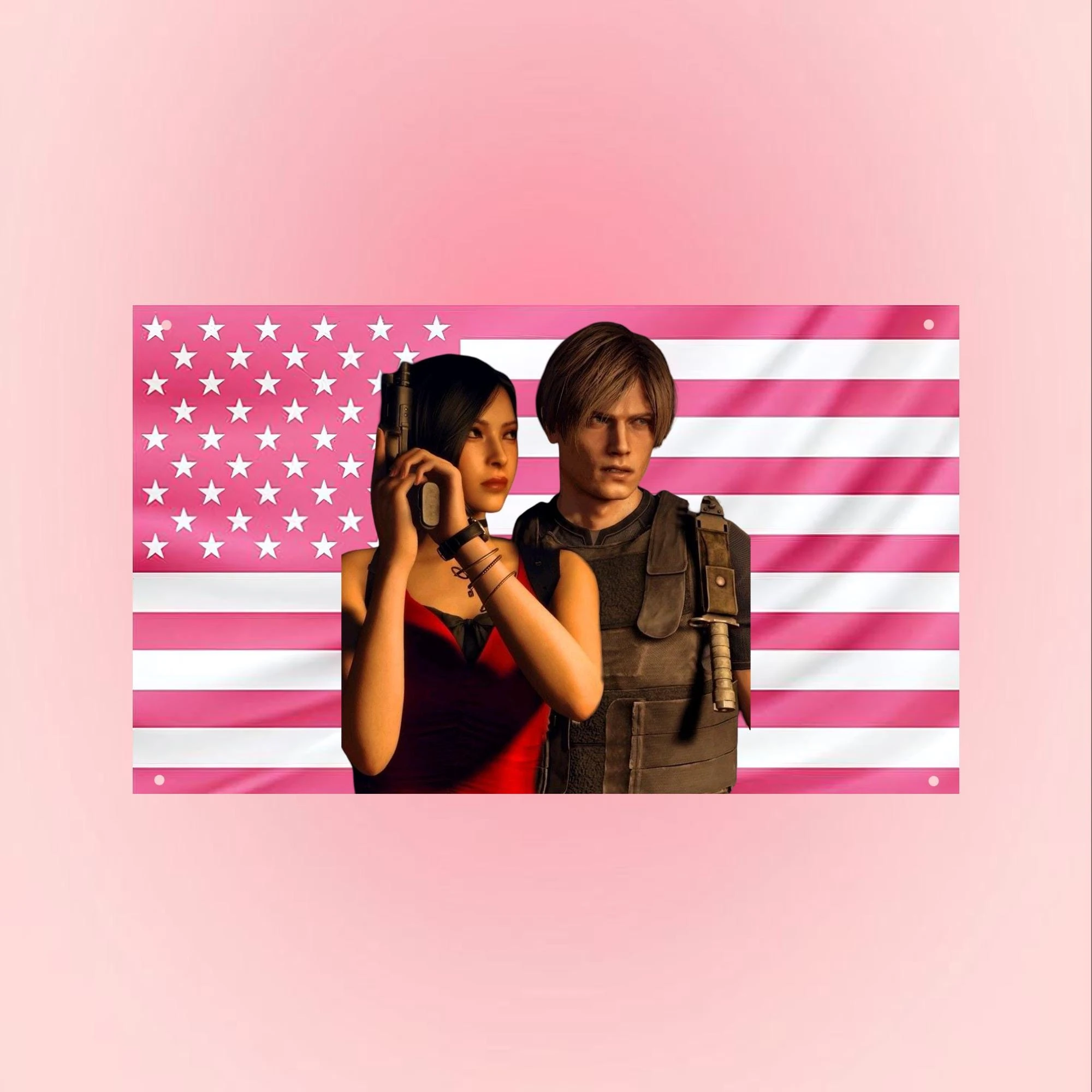 Ada Wong & Leon Kennedy Pink American Flag Tapestry, Resident Evil Gaming Wall Flag for Fan Room Dorm Bedroom Decor