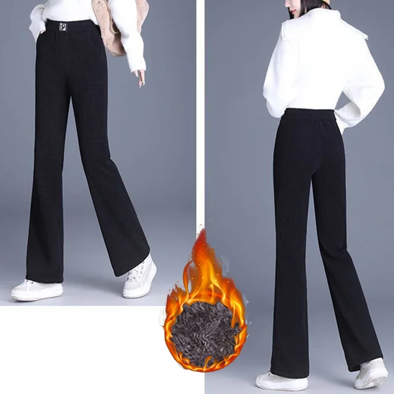 Pantaloni invernali da donna classici in peluche termico a vita alta Pantaloni da ragazza in pile a gamba dritta Pantaloni da donna casual caldi da neve