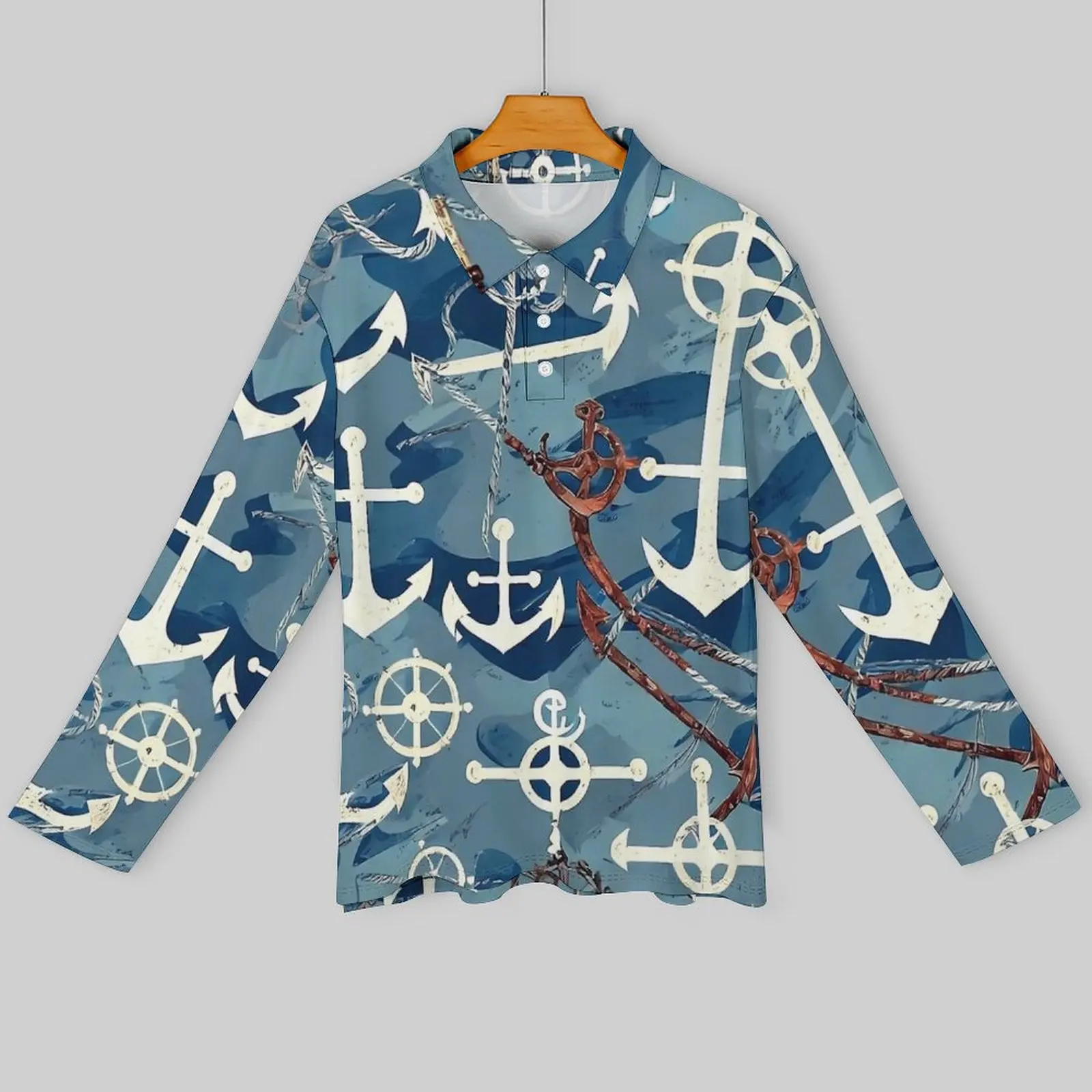 Retro Nautical Anchor Polo Shirts Autumn  Casual Shirt Long Sleeve Turn-Down Collar Cool Design Oversize T-Shirts