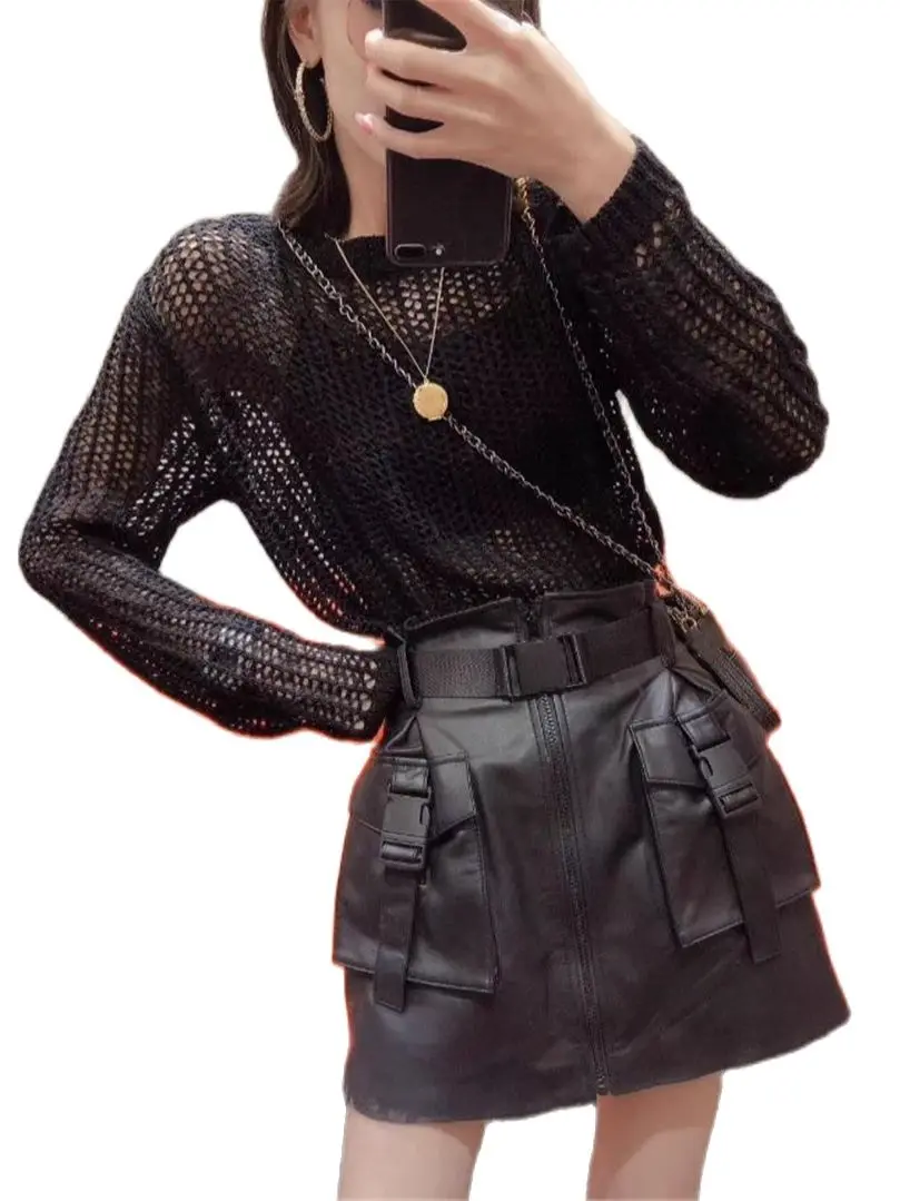 2023 New Autumn Winter Genuine Leather Skirt for Women High Waist A-line Skirt Sheepskin Wrap Hip Mini Skirt Mujer Y3992