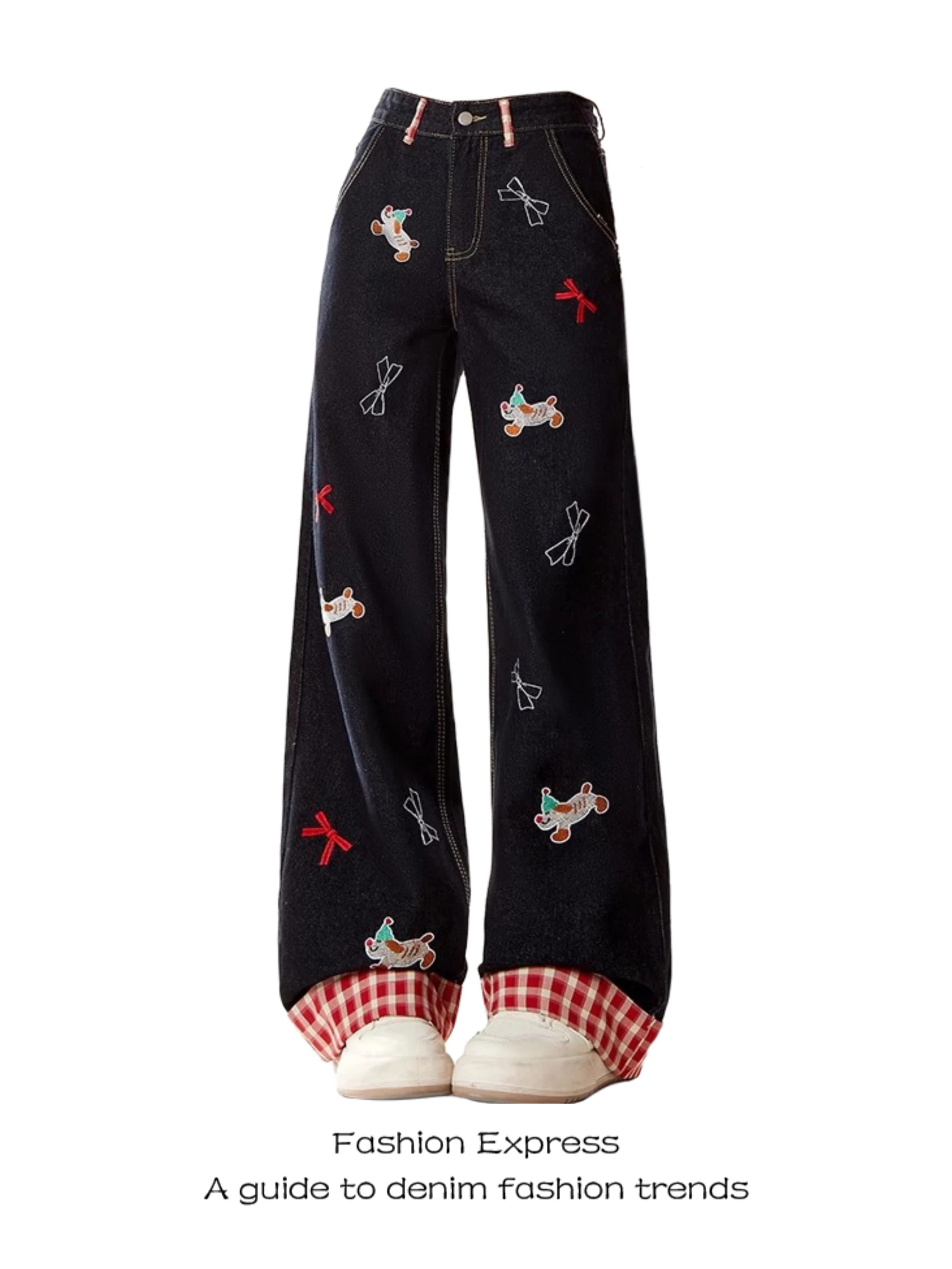 

American Splice Cuffed Sausage Dog Wide Leg Jeans Women's Cartoon Spring Design Slimming Long Trousers Faionable High Waist...