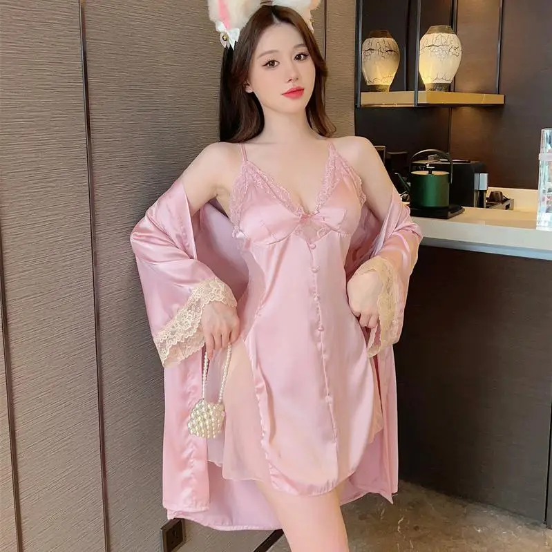 Lace Robe Set Nightdress Ice Silk Homewear Women Summer Bathrobe Gown Lingerie Satin Nightgown Femme Kimono Sleepwear Suit