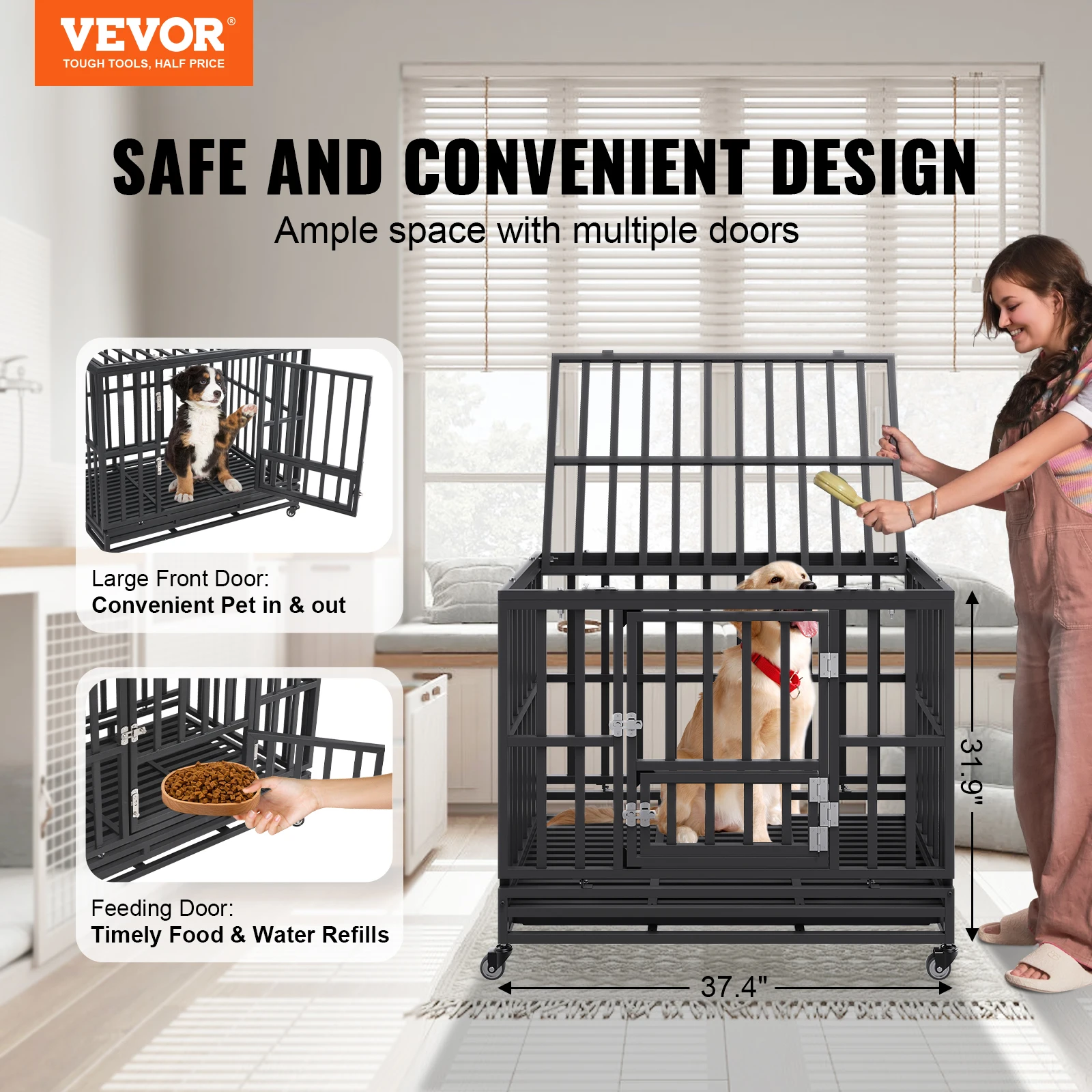 VEVOR 3-Door Heavy Duty Dog Crate Kennel Cage with Lockable Wheels and Removable Tray for Indoor Outdoor Medium to Large Dog