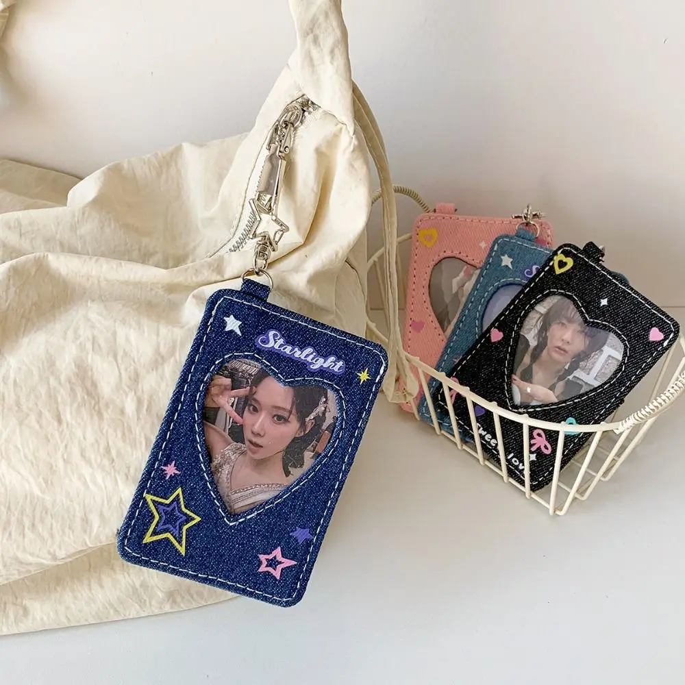Kawaii Y2k الدنيم حامل البطاقة ستار على ظهره حقيبة للحمل قلادة المفاتيح الحب القلب قلادة بطاقة حقيبة التخزين السيدات