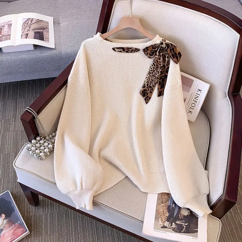 Jerséis elegantes con lazo y estampado de leopardo para mujer, suéteres holgados y adelgazantes que combinan con todo, estilo perezoso, Vintage, elegante, otoño 2024
