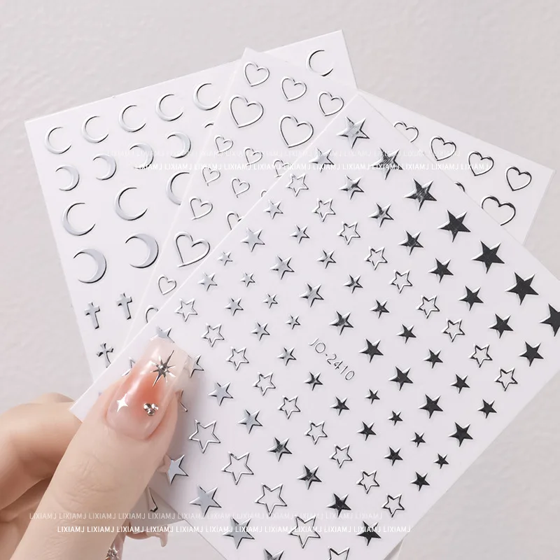 Mirror Metallic Silver Nail Stickers Love Star Decals Nail Art Decorations French Manicure Self-adhesive Sliders Accessories