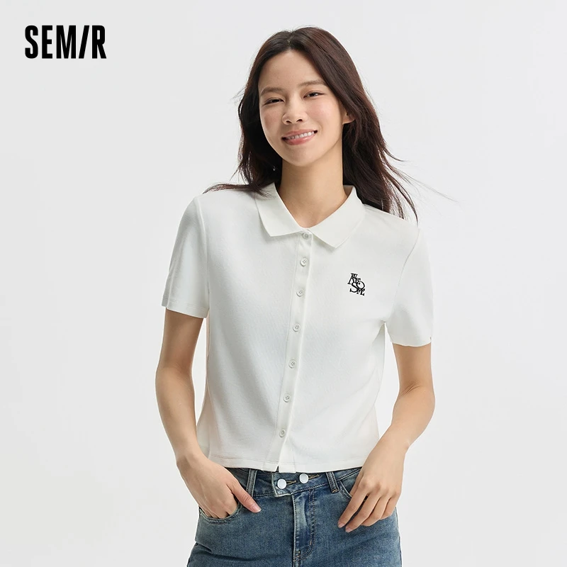 Semir Polo Shirt Women Short Embroidered Tops Small 2024 New Summer Letters Slim Cardigan Hundred With Simple