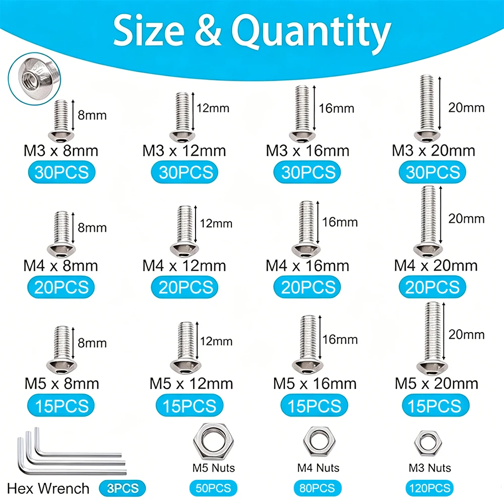 500pcs M3 M4 M5 Stainless Steel Metric Hex Socket Head Cap Bolts Screws Nuts Assortment Kit 304 Stainless Steel