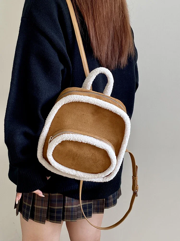 Winter Faux Lamb Wool Patchwork Girls Backpack Matte Leather Casual Ladies Handbags Commute Portable Female Small Shoulder Bag