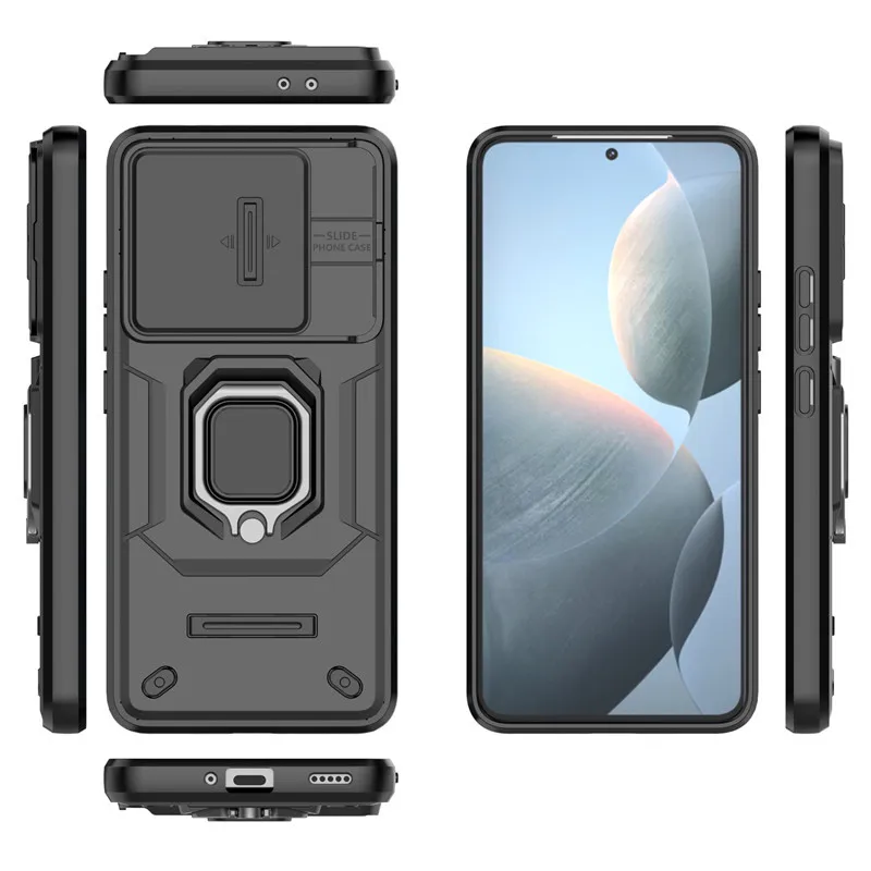 Dla Xiaomi Poco F6 Pro Etui Slide Camera Etui na telefon Dla Xiaomi Poco F6 Pro 5G Pokrowiec Armor PC Wstrząsoodporny Metalowy Pierścień Stojak