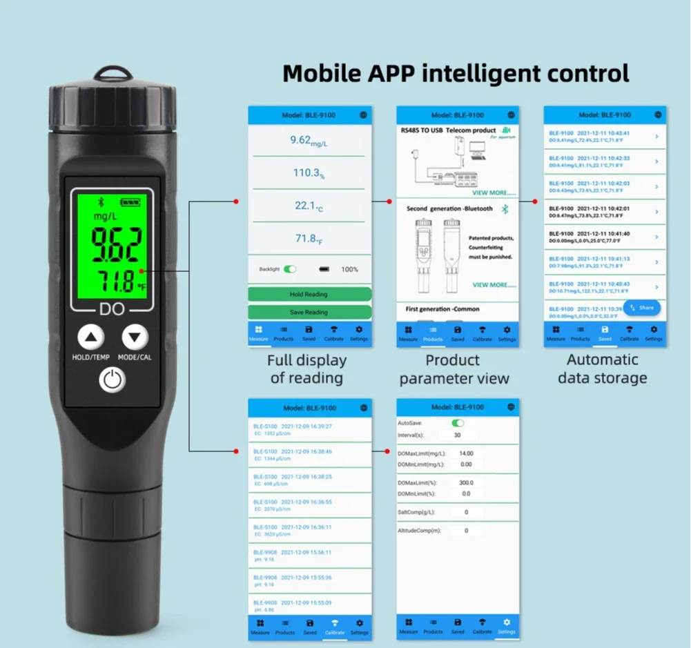 Smart Bluetooth Portable Dissolved Oxygen Meter 0.0-30.0mg/L Water Quality Test Pen for Aquaculture Fish Ponds