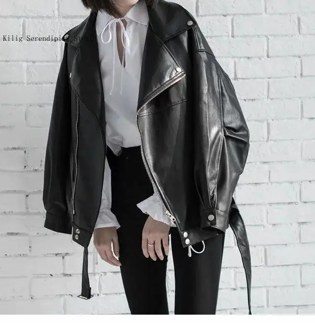 Faux Leather Moto Biker Jacket Women Black Loose Belted Spring and Autumn Streetwear Casual Outerwear