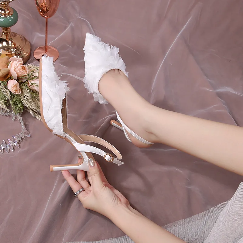 Spring and summer new pointed toe bag toe bud silk wedding shoes banquet large size small size thin high-heeled women's sandals view 2