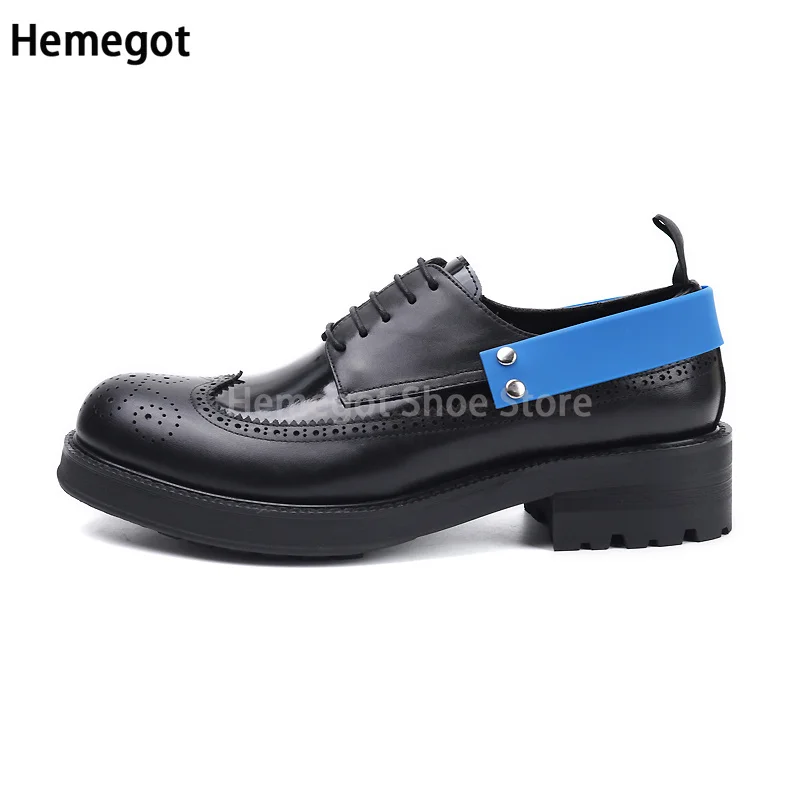 Carved Cowhide Brogues Men's Shoes Round Toe Lace-Up Luxury Brand Men's Solid Color Ribbon Trim Thick Sole Business Casual Shoe