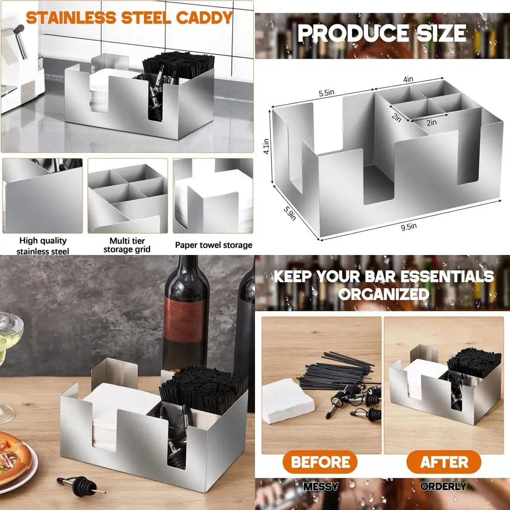 

2-Pack 304 Stainless Steel Bar Organizer with 6 Compartments for Napkins, Straws, Toothpicks, and Condiments, Silver, 9.5 L x 5.