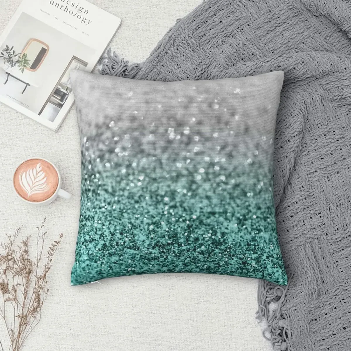 Silver Teal Ocean Glitter Glam Pillowcase Polyester Pillows Cover Cushion Comfort Throw Pillow Sofa Decorative Cushions Used