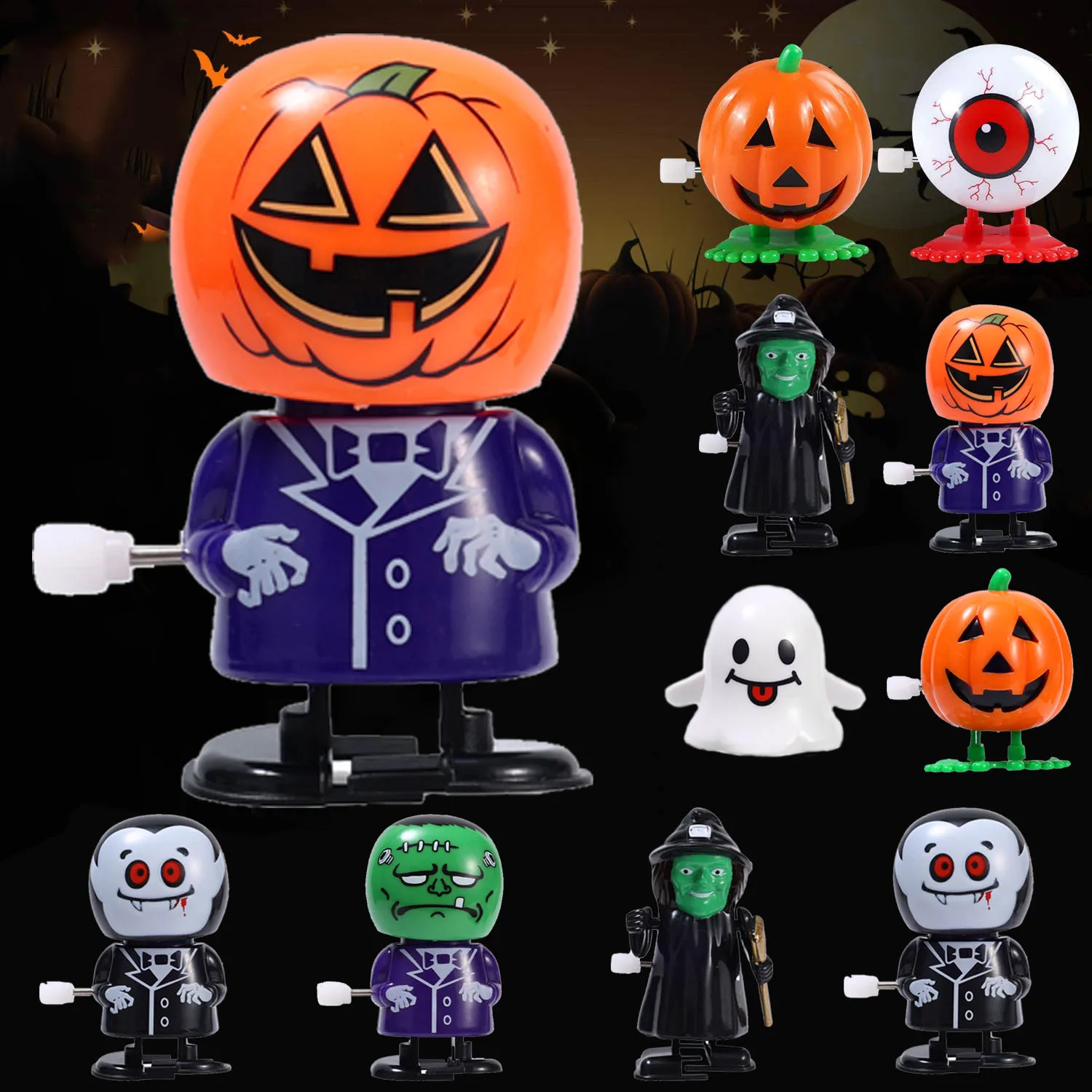 Fun Wind-up Vampire Toy Pumpkin Man Walking Zombie Action Figure Wind-up Spin Jump Toys Halloween Decoration Toy Gift for Kids