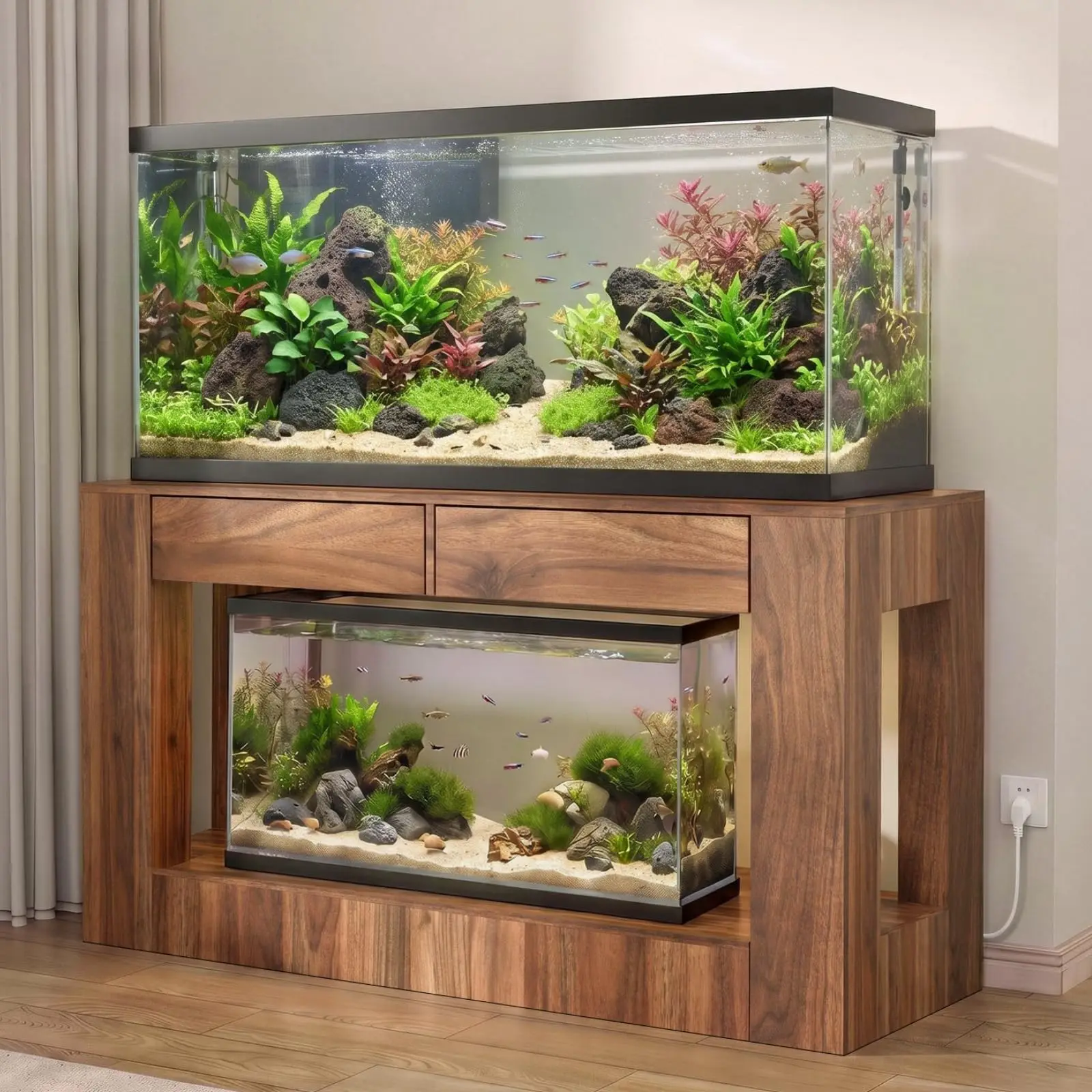 55–75/90 Gallon Fish Tank Stand with Power Outlet for 2 Tank, Walnut