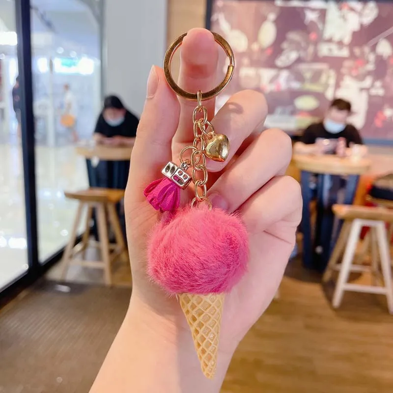 1pc Fashion Cute Mini Ice Cream Key Ring With Tassel Student Fluffy Pom Pom Velvet Plush Keychain For Girls Bag Decoration Gift