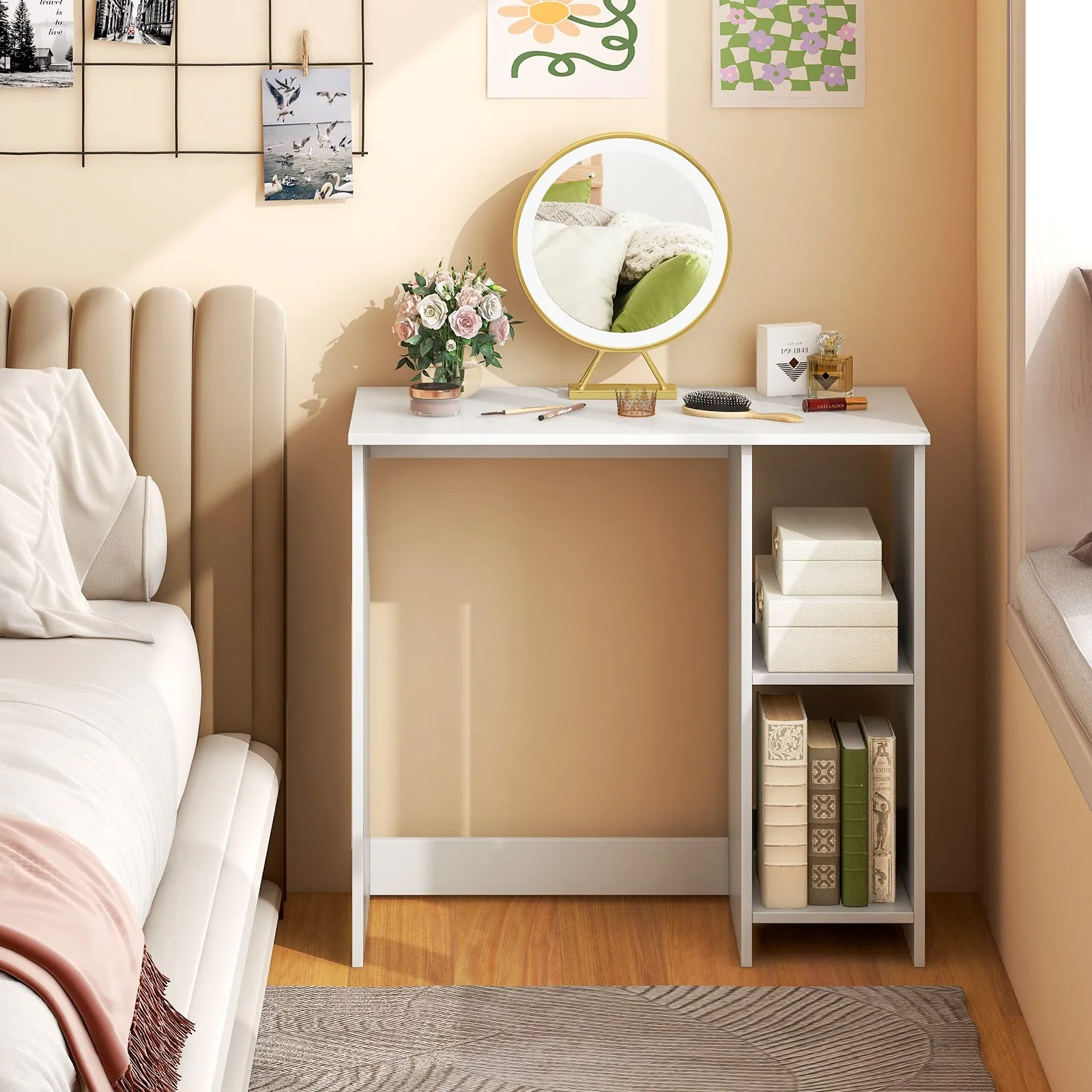 Meja Komputer Meja kantor rumahan ringkas berukuran 31,5 inci dengan dua kompartemen penyimpanan untuk belajar menulis dan bekerja dengan komputer, hemat ruang