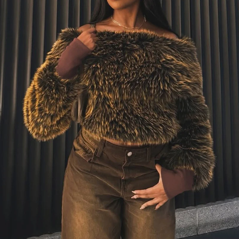 OMSJ Women 2025 New Arrival Asymmetric Temperament Plush Top Off-shoulder Skew Neck Full Sleeve Sexy Hottie Pullovers Streetwear