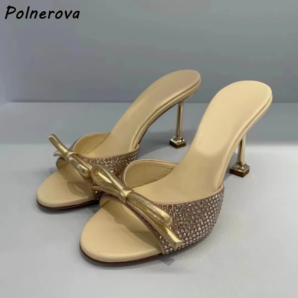 

Butterfly Knot Crystal Slippers Round Peep Toe Thin Heels Slip On Bling Shoes Women's Fashion Elegant Outdoor Slippers 2025