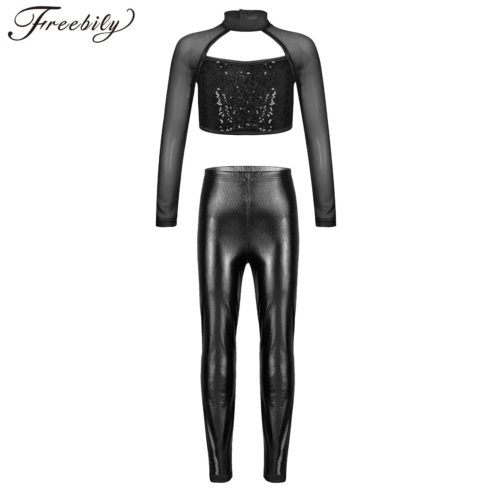 Kids Girls Jazz Dance Costume Long Sleeve Hollow Out Sequin Crop Top with Leggings Hip Hop Street Dance Performance Dancewear