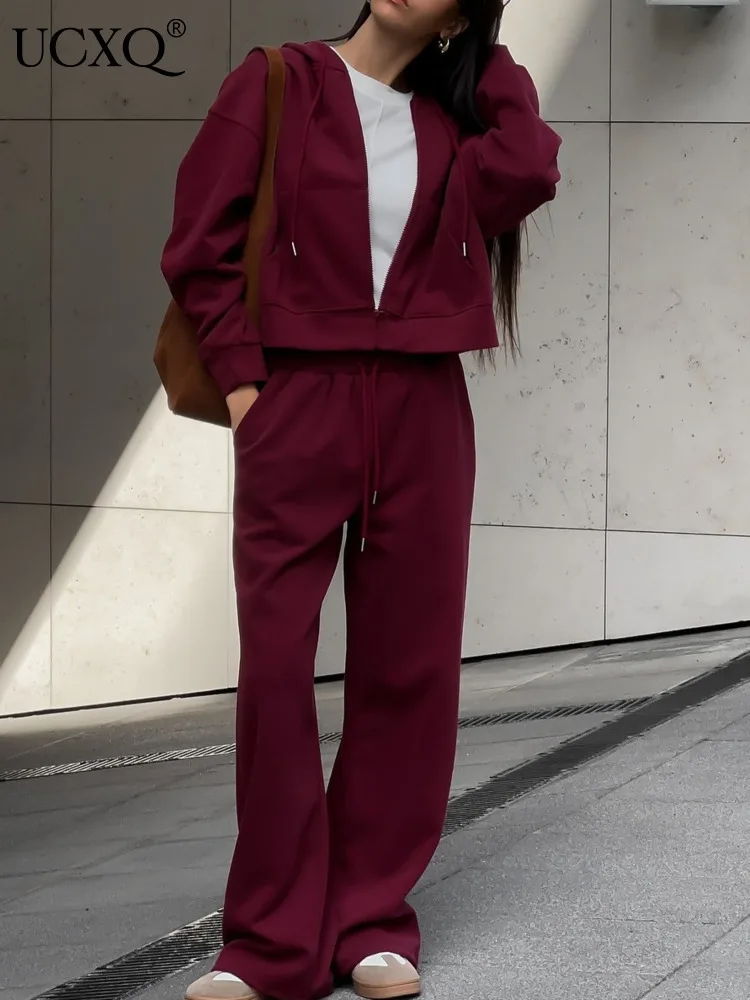 UCXQ Fashion Ancora Red Sets Comfortable Casual Hooded Sweatshirt Wide Leg Pants Street Two-piece Set For Women 2025 Spring 2877