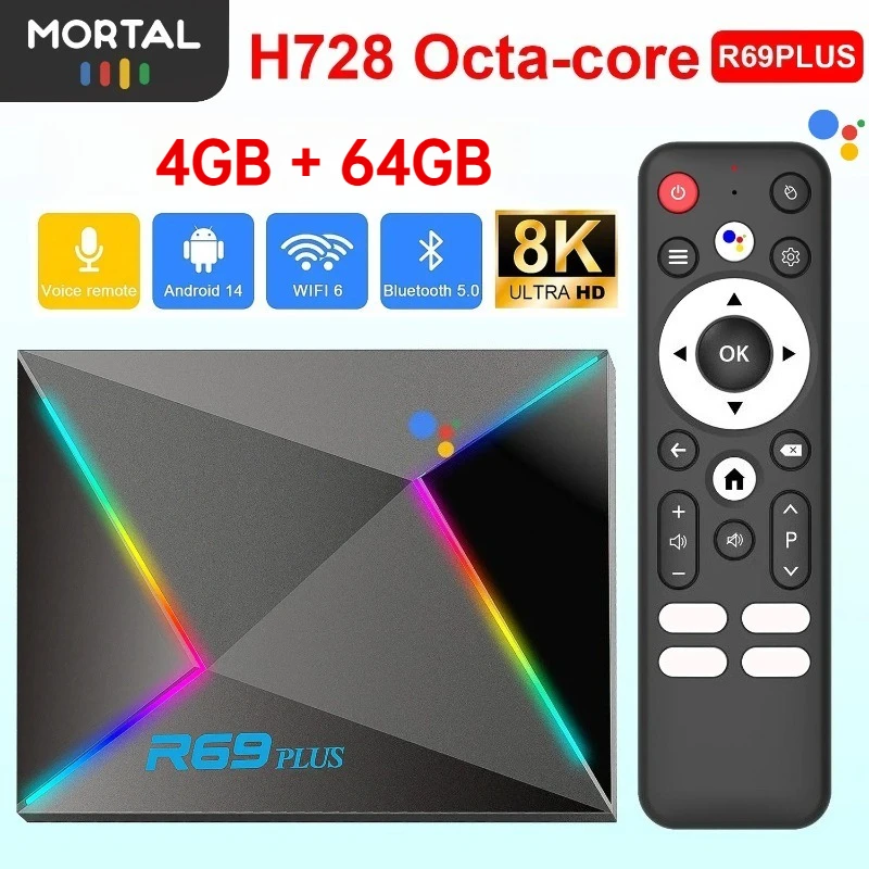 Boîtier TV R69 Plus Android 14 Ultra avec commande vocale HDR10 8K Allwinner H728 Octa Core 1000M LAN WIFI 6 BT5.0 Lecteur multimédia Décodeur