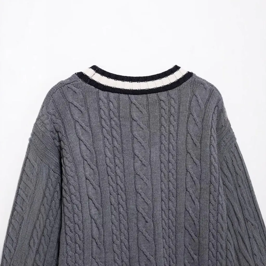 Damska kurtka z dekoltem w serek, dzianina w warkocze, hurt, styl europejsko-amerykański, ozdoba z materiału tulle, nowość na wiosnę