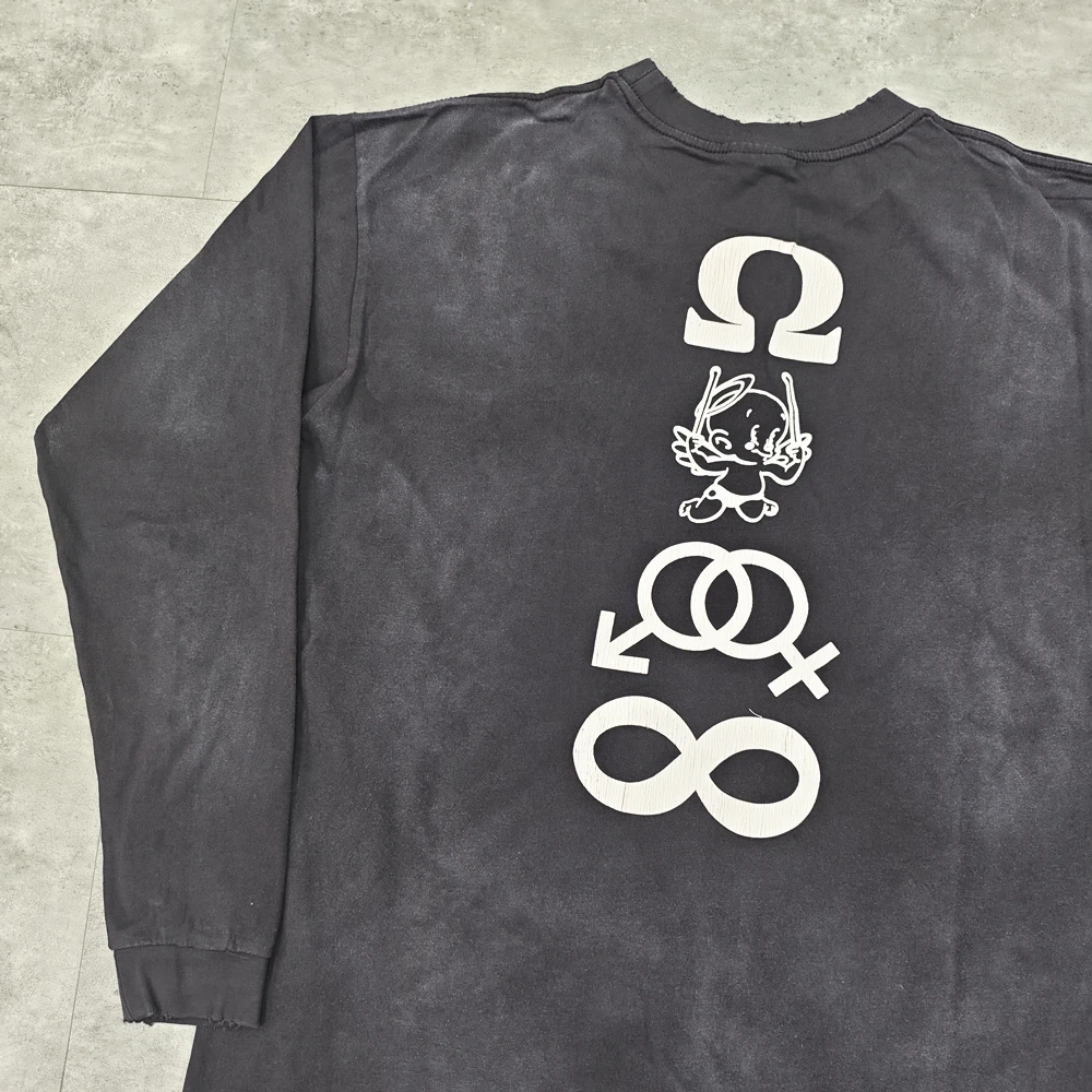 تي شيرت Yao Fashion Saint OF Michael بأكمام طويلة تي شيرت عتيق كبير الحجم مطبوع عليه رسومات فضفاضة ملابس الشارع الشهير تي شيرت فاخر للرجال