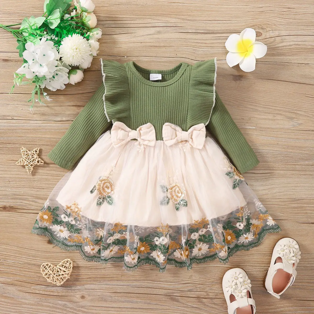 

0-2Y Baby Girl Dress Princess Cute Flower Embroidery Knit Rib Ruffles Crew Neck Dress Spring Full Sleeve Dresses