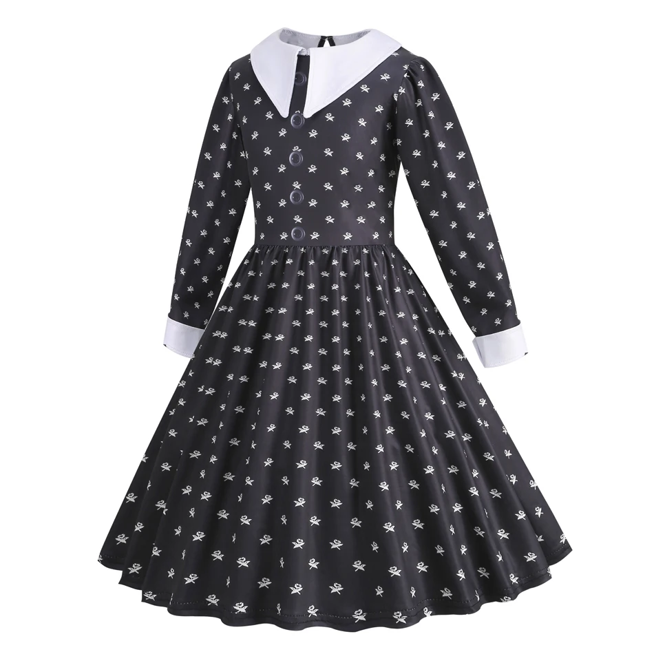 Addams Cosplay Girl Costume Long Sleeve Fantasy Spring Autumn Party Dot Dress Halloween Carnival Costume for Kids 3-12Yrs