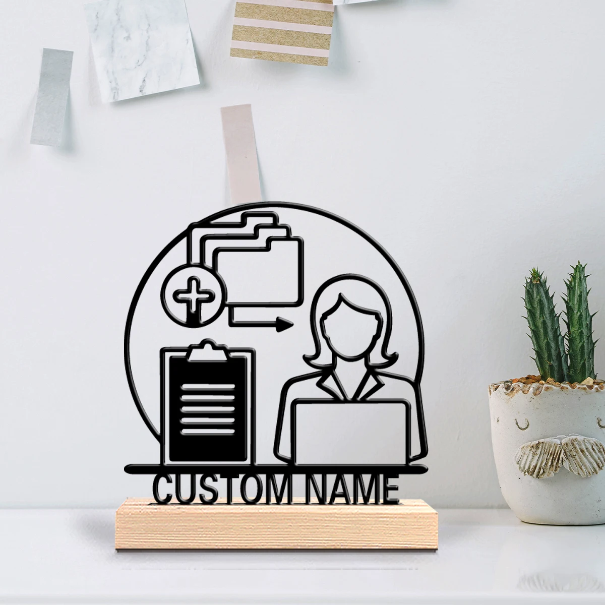 1pc Cartoon Personalized Custom Medical Administration Metal Statues Science-Themed Wooden Base Decor for Doctors Psychologists