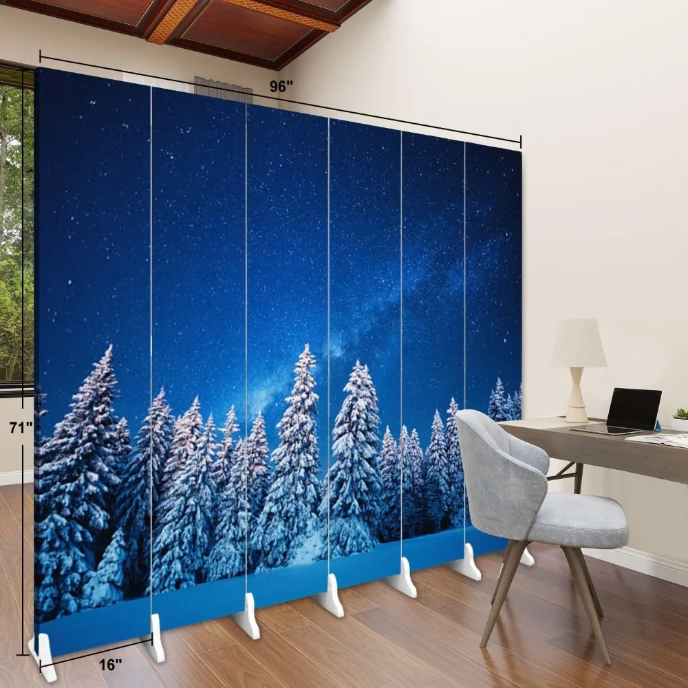 Wood Screen Room Divider Winter Forest Folding Screen Canvas Privacy Partition Panels Dual-Sided Wall Divider Indoor Display