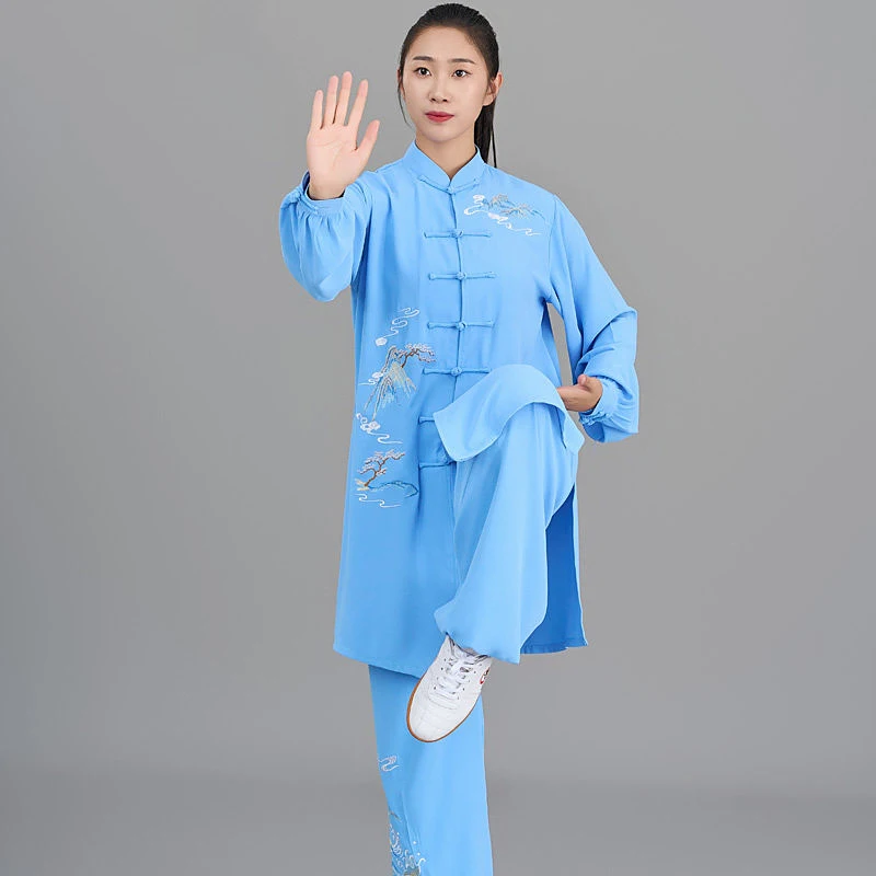 Custom Made Blue Tai Chi Suit with Landscape Embroidery, Women's New Linen Chinese Style Practice Wear for Spring/Summer