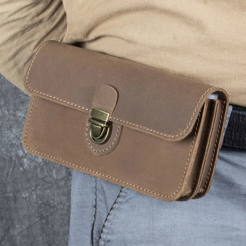 Men's Genuine Cowhide Leather Belt Waist Bag Retro Flap‑Over Lock‑Buckle Pouch Multi‑Slot Storage Pocket Phone Pack Waist Bag