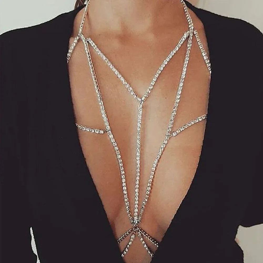 Shine Rhinestone Cross Chest Chain Lingerie Harness Necklace Nightclub DJ Outfits Sexy Bikini Bra Chain Tassel Body Jewelry