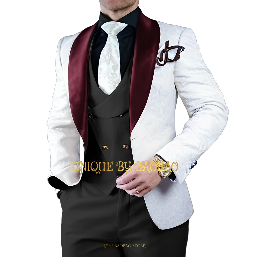 Men\'s printed 3-piece set (jacket+vest+pants) burgundy shawl lapel jacquard blazer wedding groom date ball party custom tuxedo