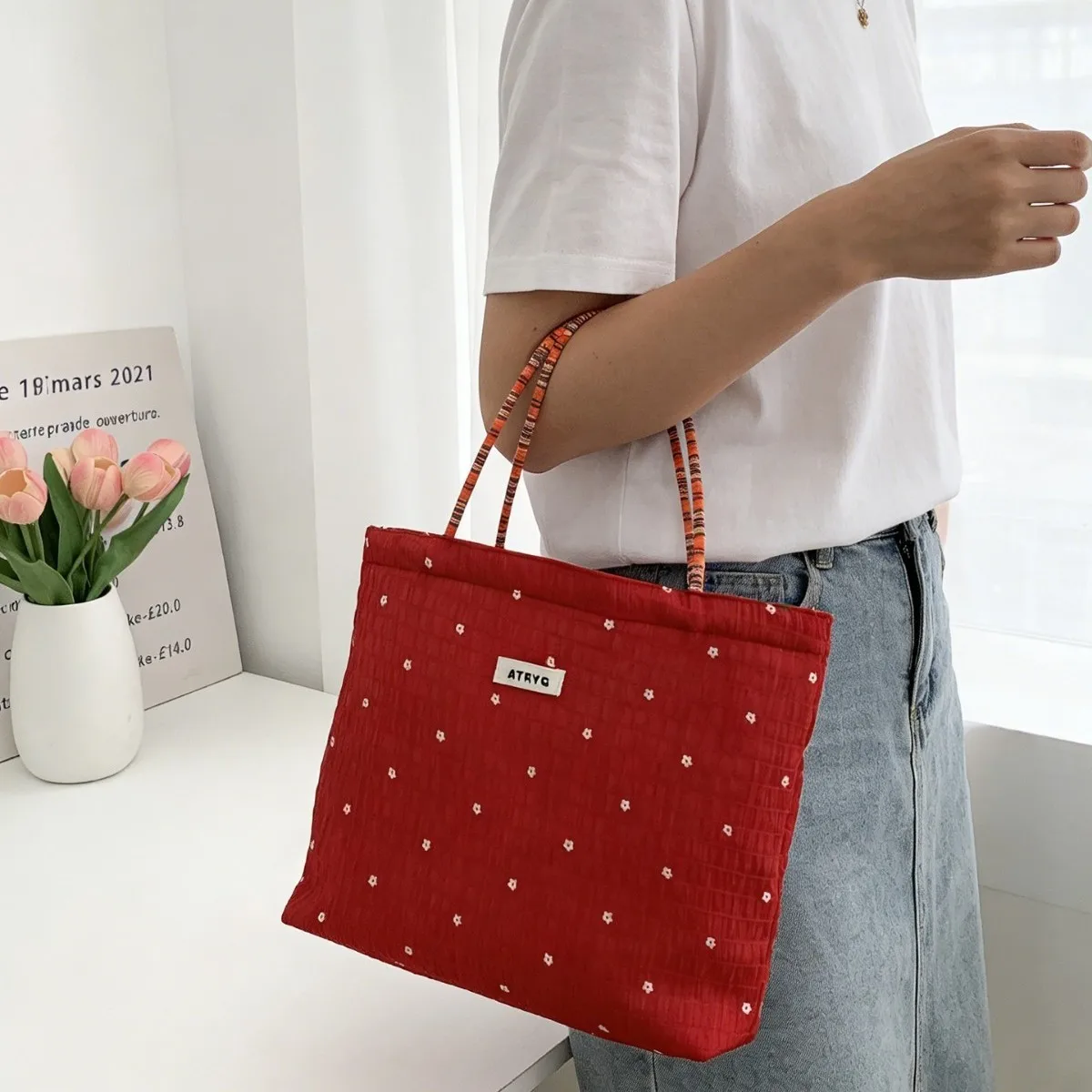 Summer Casual Floral Chiffon Handbags for Women Large Capacity Ladies Zipper Lunch Bag Versatile Portable Female Shopping Tote