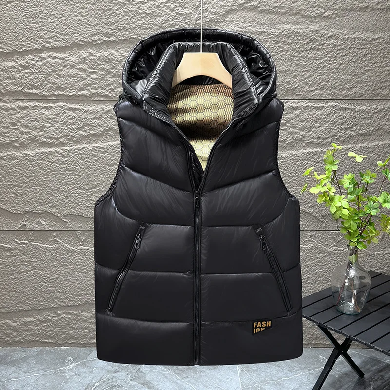 Autumn Winter Men's Hooded Cotton Vest Solid Color Thicken Sleeveless Jackets American Casual Fashion High Street Male Warm Coat