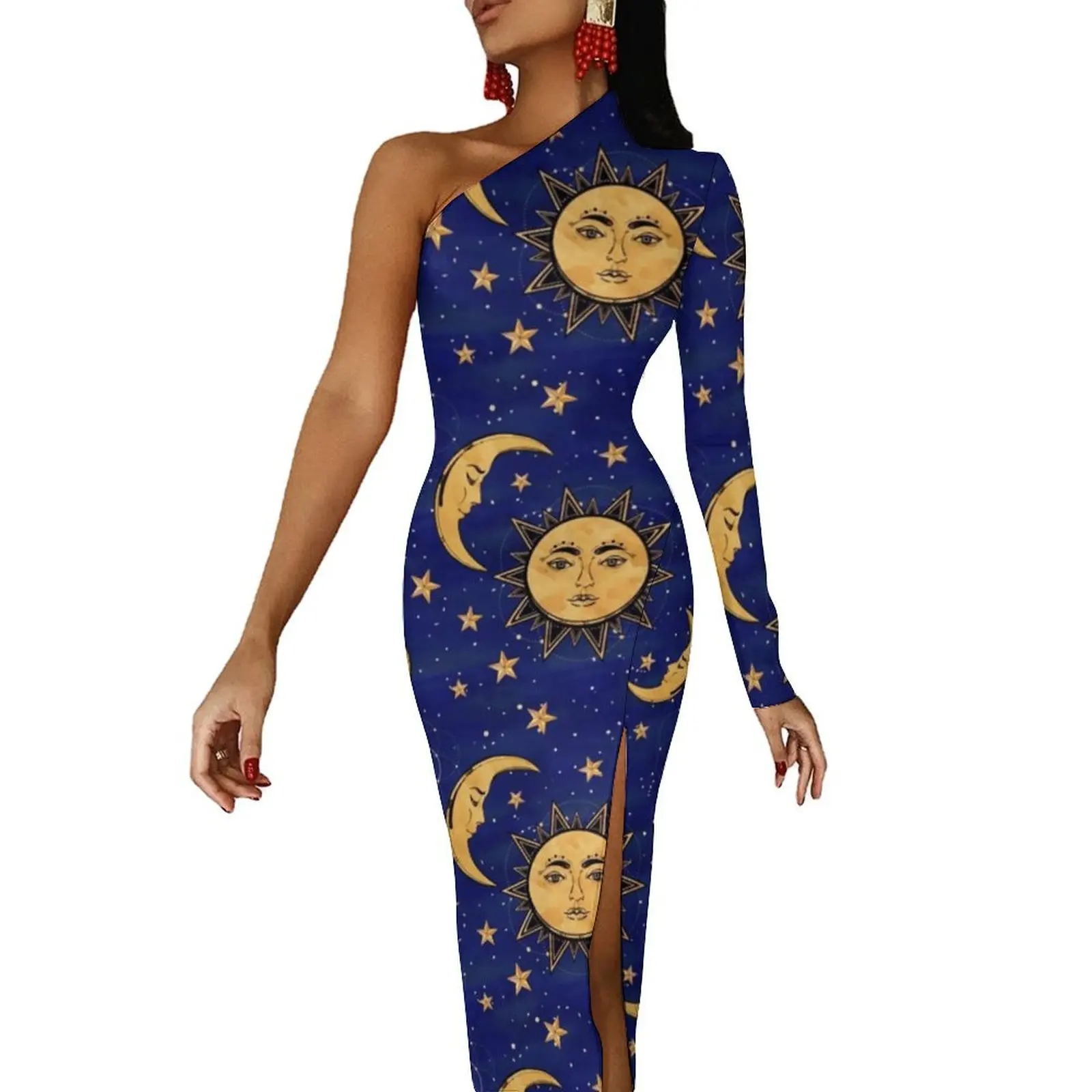 Sun Stars Celestial Bodycon Dress Female Vintage Moon Trendy Maxi Dress Long Sleeve Party Custom Dresses Gift Idea