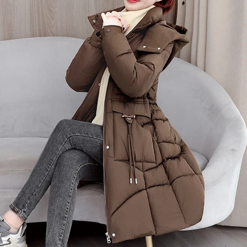 

Women Hooded Parkas Coat Mid Length Solid Jacket Zipper Pocket Drawstring Long Sleeve Thick Fiberfill Slim Casual Office Lady