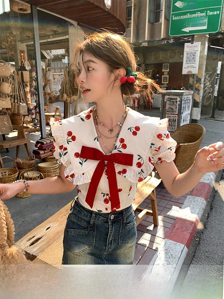 

Женская футболка Acaine Cherry Wine Stain с V-образным вырезом и короткими рукавами-фонариками, из полиэстера, летняя, высокого качества