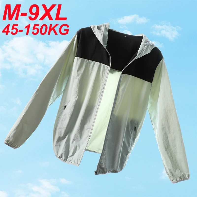 

2025 New Summer UV Protection White Skin Coats Men Fashion Letter Print Hooded Casual Thin Jackets Big Size 8XL 9XL