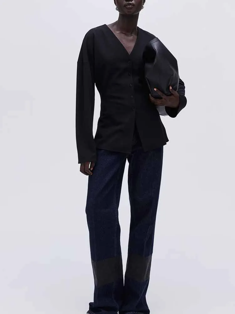 

Зимняя новая модная и простая женская рубашка с v-образным вырезом в европейском и американском стиле, универсальная рубашка на пуговицах спереди